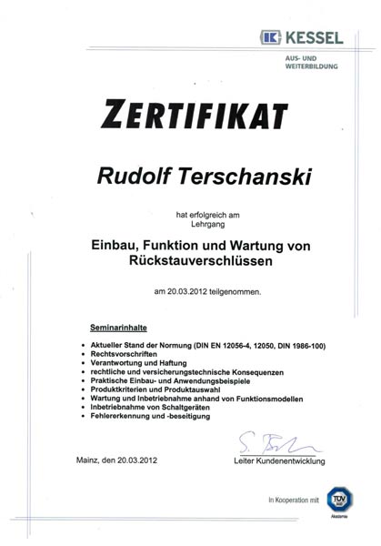 Zertifikat-Lehrgang-Einbau-Funktion-Wartung-Rueckstauverschluessen